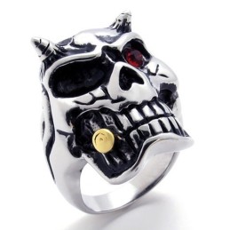 Anillo De Titanio Con Calavera Y Diamante Rojo