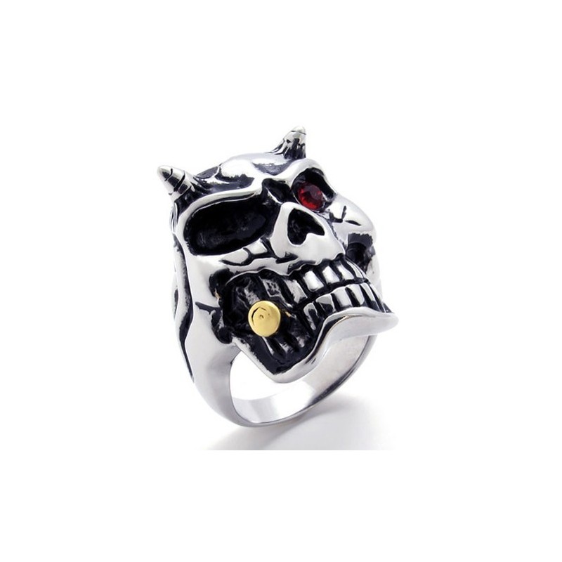 Anillo De Titanio Con Calavera Y Diamante Rojo