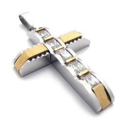 Colgante De Cruz De Titanio Con Diamantes Y Detalles Dorados