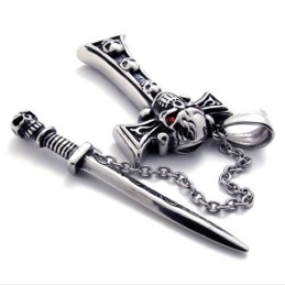 Colgante De Cruz De Titanio Con Calavera Y Daga De Diamante Rojo