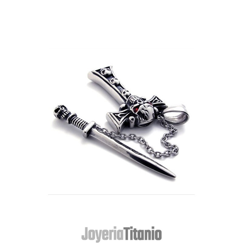 Colgante De Cruz De Titanio Con Calavera Y Daga De Diamante Rojo Colgante De Cruz De Titanio Con Calavera Y Daga De Diamante Rojo