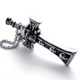 Colgante De Cruz De Titanio Con Calavera Y Daga De Diamante Rojo