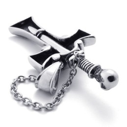 Colgante De Cruz De Titanio Con Calavera Y Daga De Diamante Rojo