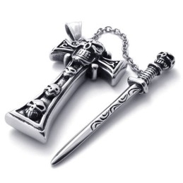Colgante De Cruz De Titanio Con Daga Y Calavera