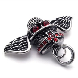 Colgante De Titanio Con Calavera Y Alas De Diamante Rojo