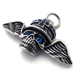 Colgante De Titanio Con Alas De Calavera Y Diamante Azul
