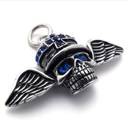 Colgante De Titanio Con Alas De Calavera Y Diamante Azul