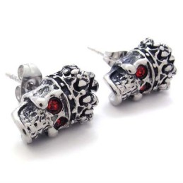 Pendientes De Titanio Con Calavera Y Corona De Diamantes Rojos