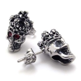 Pendientes De Titanio Con Calavera Y Corona De Diamantes Rojos