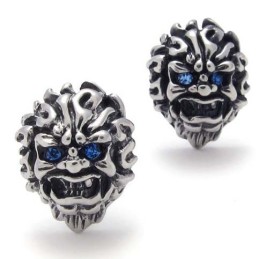 Pendientes De Titanio Con León Y Diamante Azul
