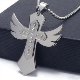 Collar Con Colgante De Ala De Cruz De Titanio Puro Y Plata Para Hombre
