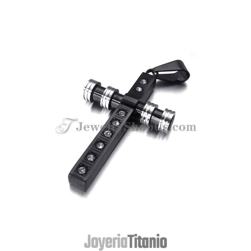 Hermoso Colgante De Cruz De Titanio Negro Con Diamantes De Imitación