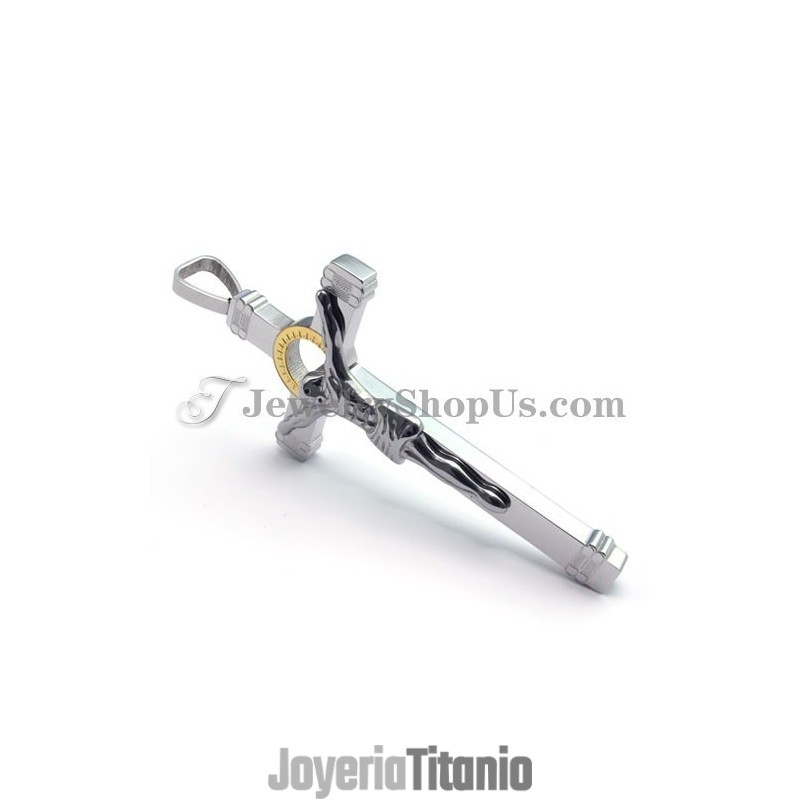 Elegante Colgante De Cruz De Jesús En Titanio Y Oro Elegante Colgante De Cruz De Jesús En Titanio Y Oro