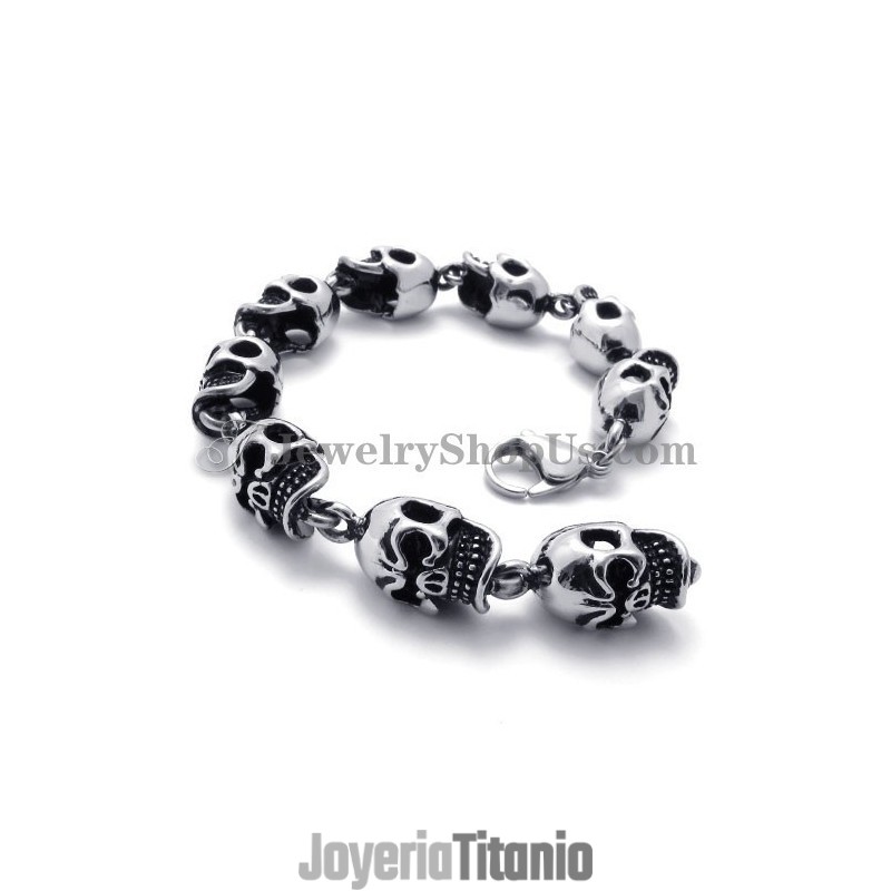 Elegante Pulsera De Titanio Con Calaveras