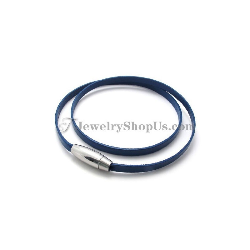 Pulsera De Cuero Azul De Moda Con Titanio