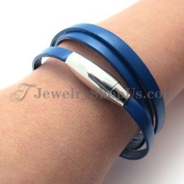 Pulsera De Cuero Azul De Moda Con Titanio
