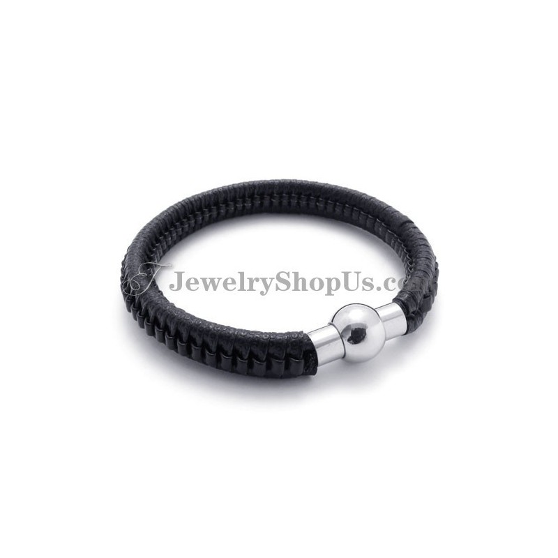 Elegante Pulsera De Titanio Negro Y Cuero Elegante Pulsera De Titanio Negro Y Cuero