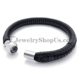 Elegante Pulsera De Titanio Negro Y Cuero