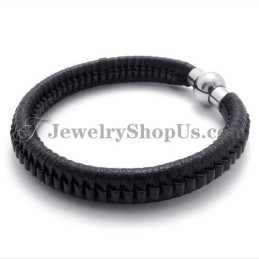 Elegante Pulsera De Titanio Negro Y Cuero