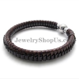 Elegante Pulsera De Titanio Y Cuero Marrón