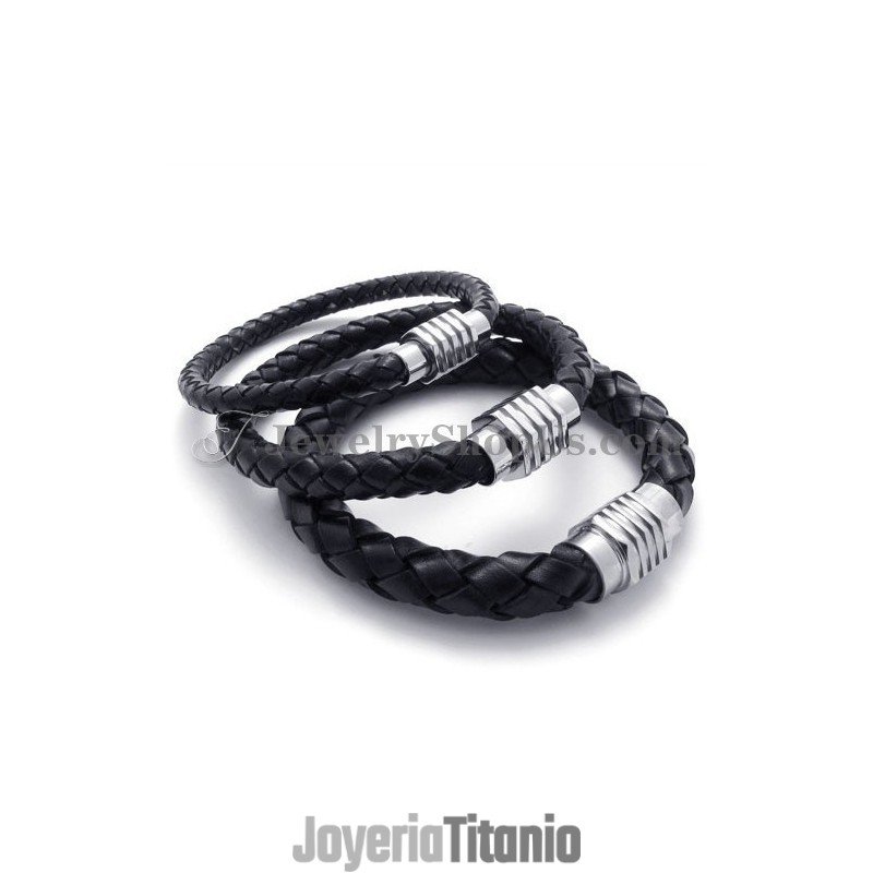 Elegante Pulsera De Titanio Negro Y Cuero