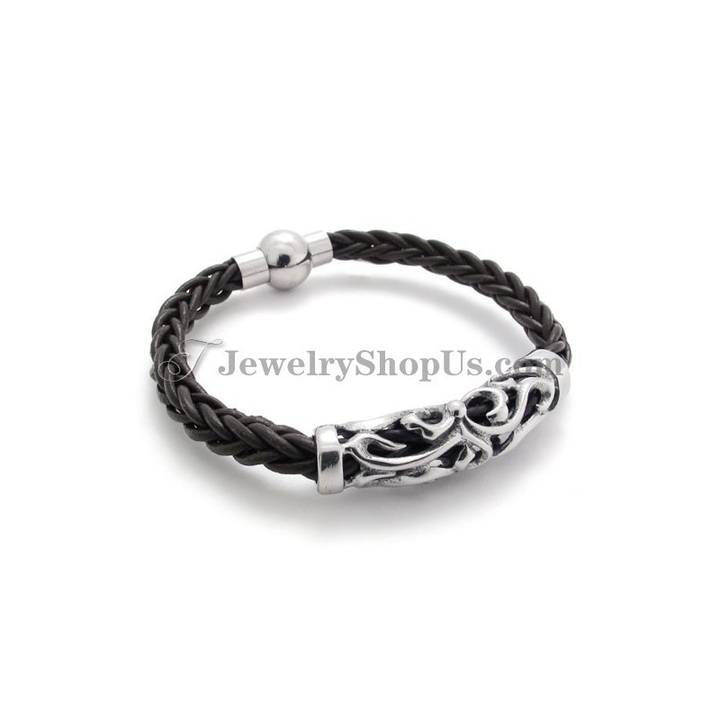 Elegante Pulsera De Titanio Y Cuero Negro