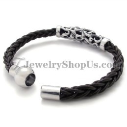 Elegante Pulsera De Titanio Y Cuero Negro