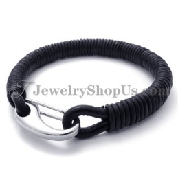 Pulsera De Titanio Y Cuero Negro De Moda