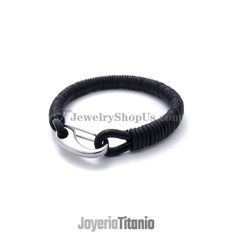 Pulsera De Titanio Y Cuero Negro De Moda Pulsera De Titanio Y Cuero Negro De Moda