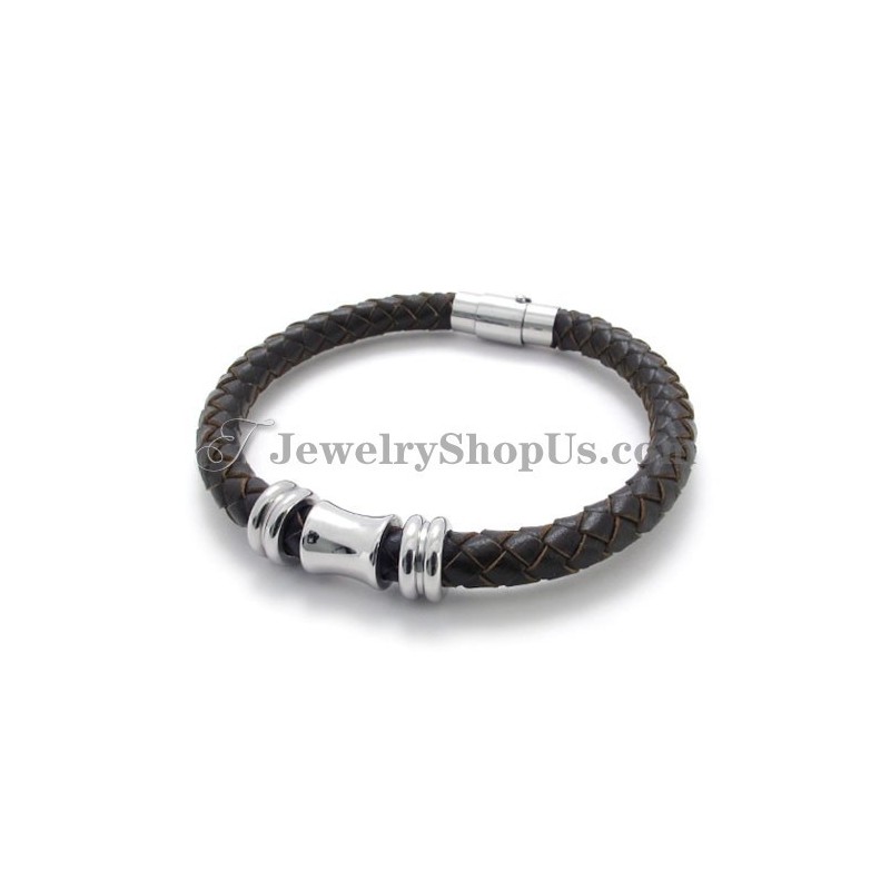 Elegante Pulsera De Titanio Y Cuero Marrón