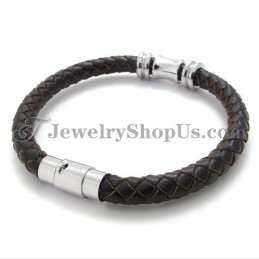 Elegante Pulsera De Titanio Y Cuero Marrón