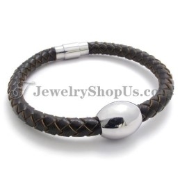 Preciosa Pulsera De Titanio Y Cuero Marrón