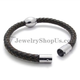 Preciosa Pulsera De Titanio Y Cuero Marrón