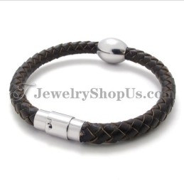 Preciosa Pulsera De Titanio Y Cuero Marrón