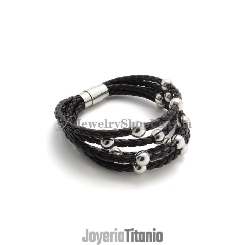 Pulsera De Cuero Marrón De Moda Con Titanio