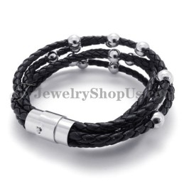 Pulsera De Cuero Negro De Moda Con Titanio