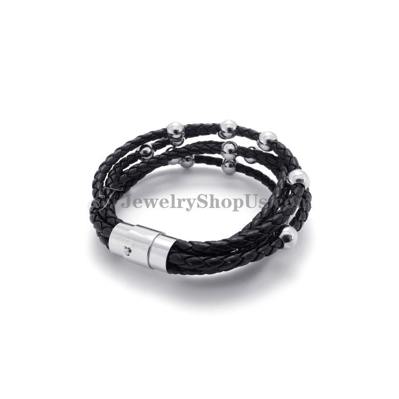 Pulsera De Cuero Negro De Moda Con Titanio