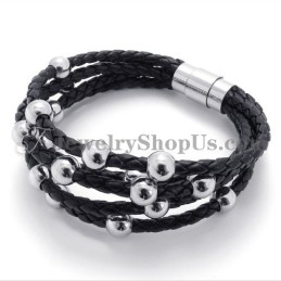 Pulsera De Cuero Negro De Moda Con Titanio