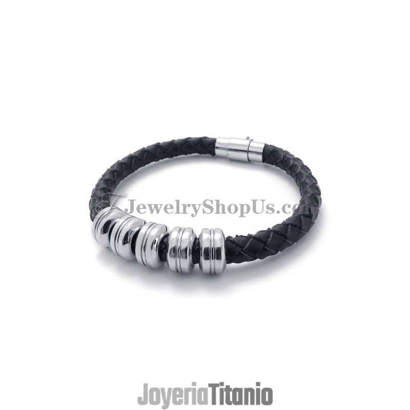 Pulsera De Moda De Cuero Negro Y Titanio Pulsera De Moda De Cuero Negro Y Titanio