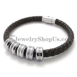 Elegante Pulsera De Cuero Negro Y Titanio