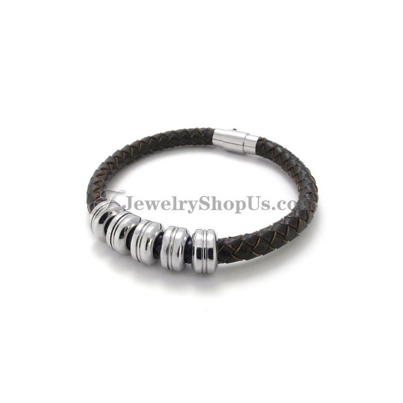 Elegante Pulsera De Cuero Negro Y Titanio Elegante Pulsera De Cuero Negro Y Titanio