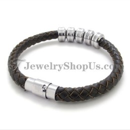 Elegante Pulsera De Cuero Negro Y Titanio