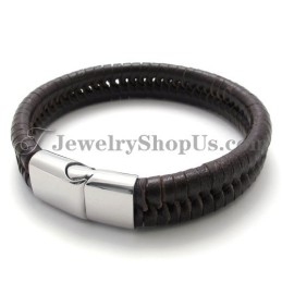 Elegante Pulsera De Titanio Marrón Con Cuero
