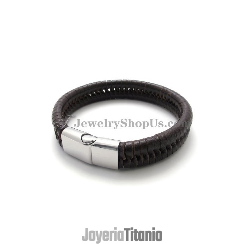 Elegante Pulsera De Titanio Marrón Con Cuero Elegante Pulsera De Titanio Marrón Con Cuero