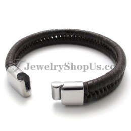Elegante Pulsera De Titanio Marrón Con Cuero