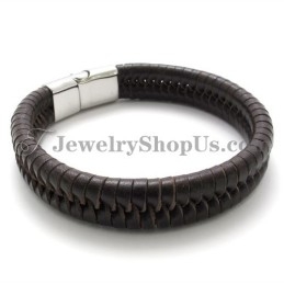 Elegante Pulsera De Titanio Marrón Con Cuero