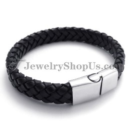 Elegante Pulsera De Titanio Negro Con Cuero