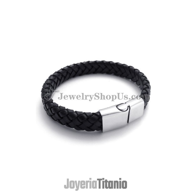 Elegante Pulsera De Titanio Negro Con Cuero