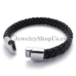 Elegante Pulsera De Titanio Negro Con Cuero