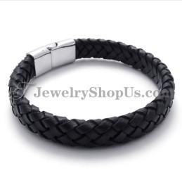 Elegante Pulsera De Titanio Negro Con Cuero